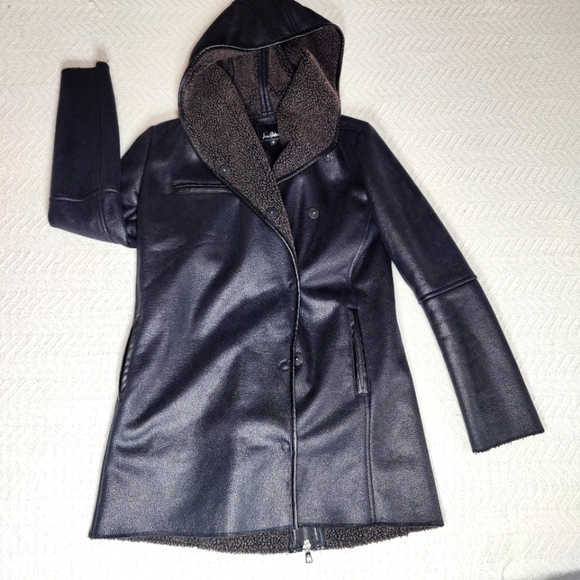 Sam Edelman Sydney Hooded Faux Shearling Black Jacket Coat Women's size S - Picture 2 of 16